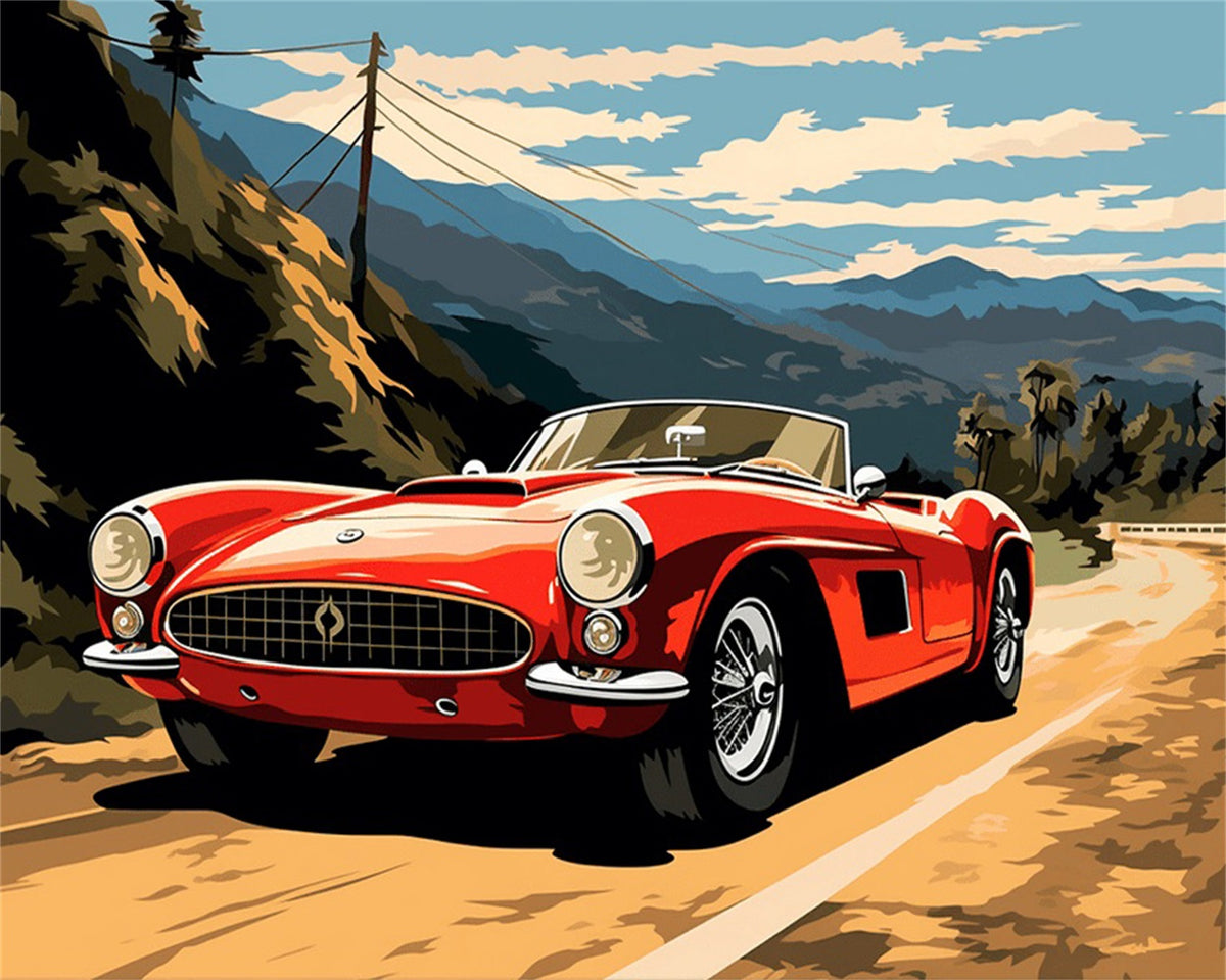 DIAMOND PAINTING I ROTER OLDTIMER AUF BERGTOUR