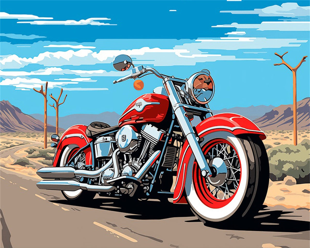 DIAMOND PAINTING I ROTES MOTORRAD IN DER WÜSTE