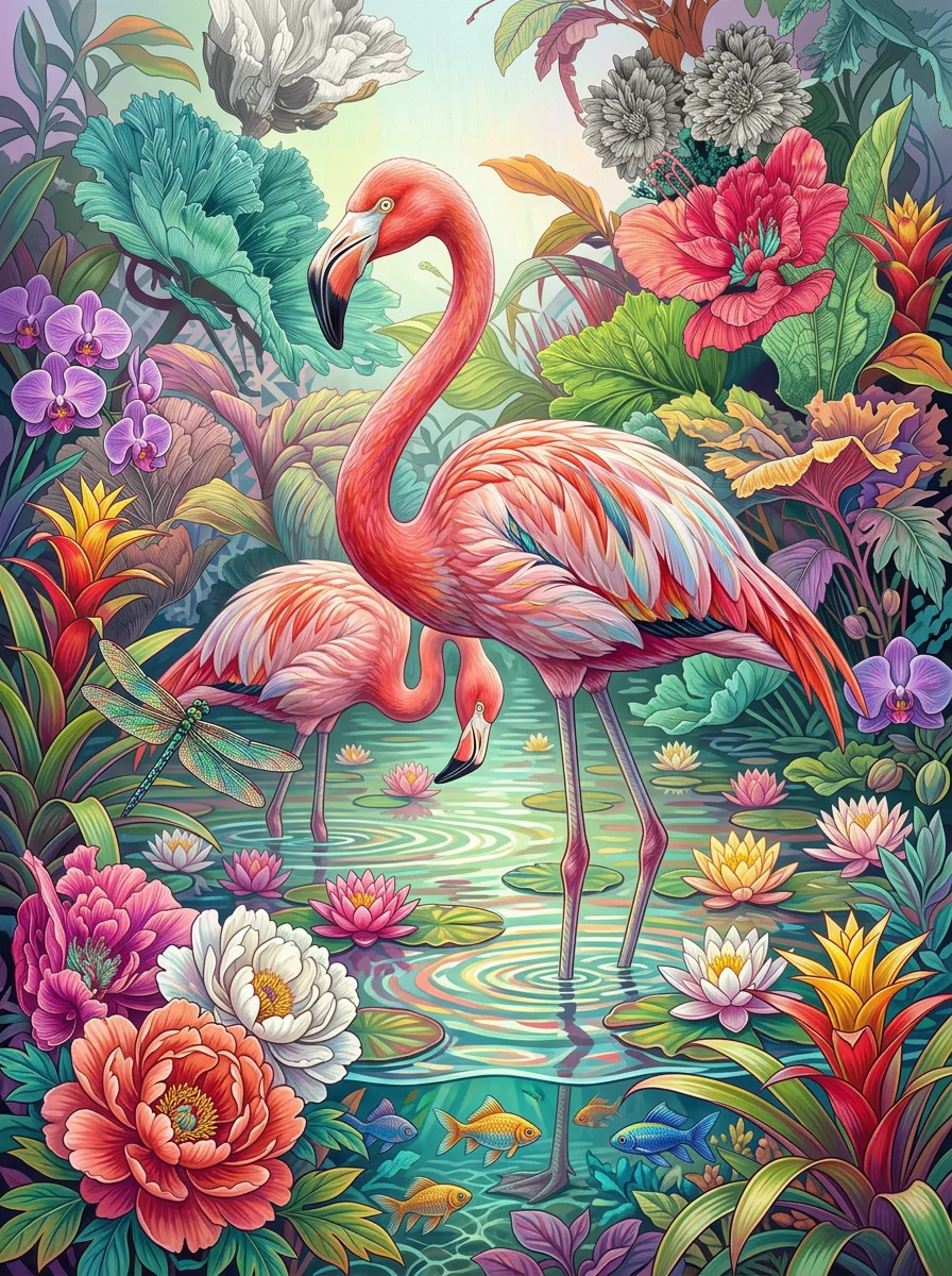 MALEN NACH ZAHLEN I FLAMINGOS IM BLÜTENPARADIES