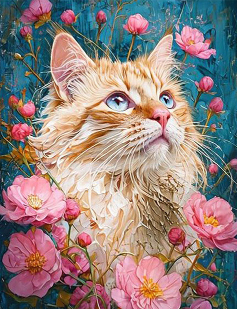 DIAMOND PAINTING I KATZENBLICK IM ROSA BLÜTENMEER