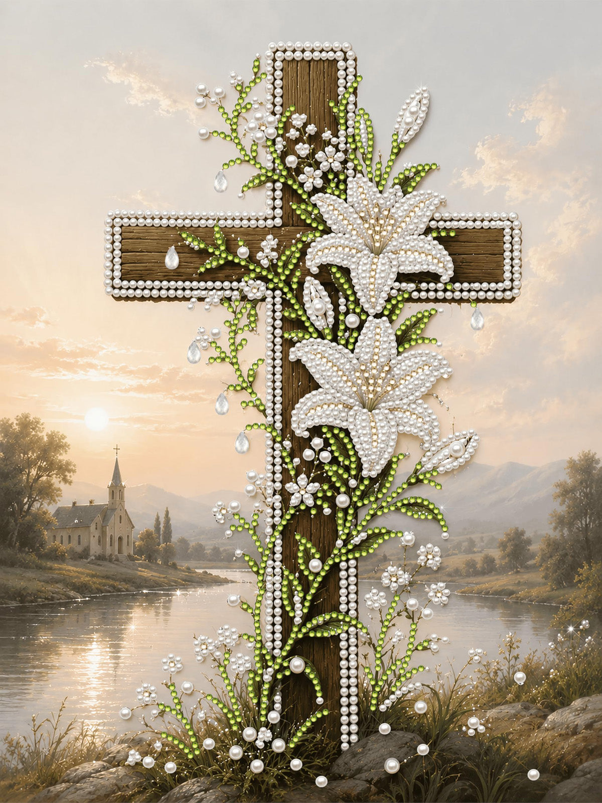 PEARL PAINTING I KREUZ MIT WEISSEN LILIEN
