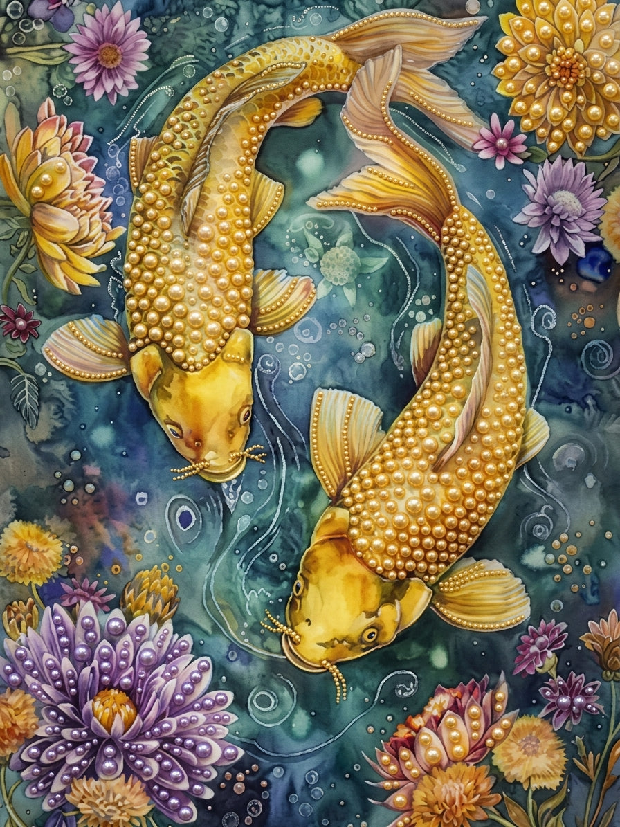PEARL PAINTING I GOLDENE KOIS IM BLÜTENTEICH